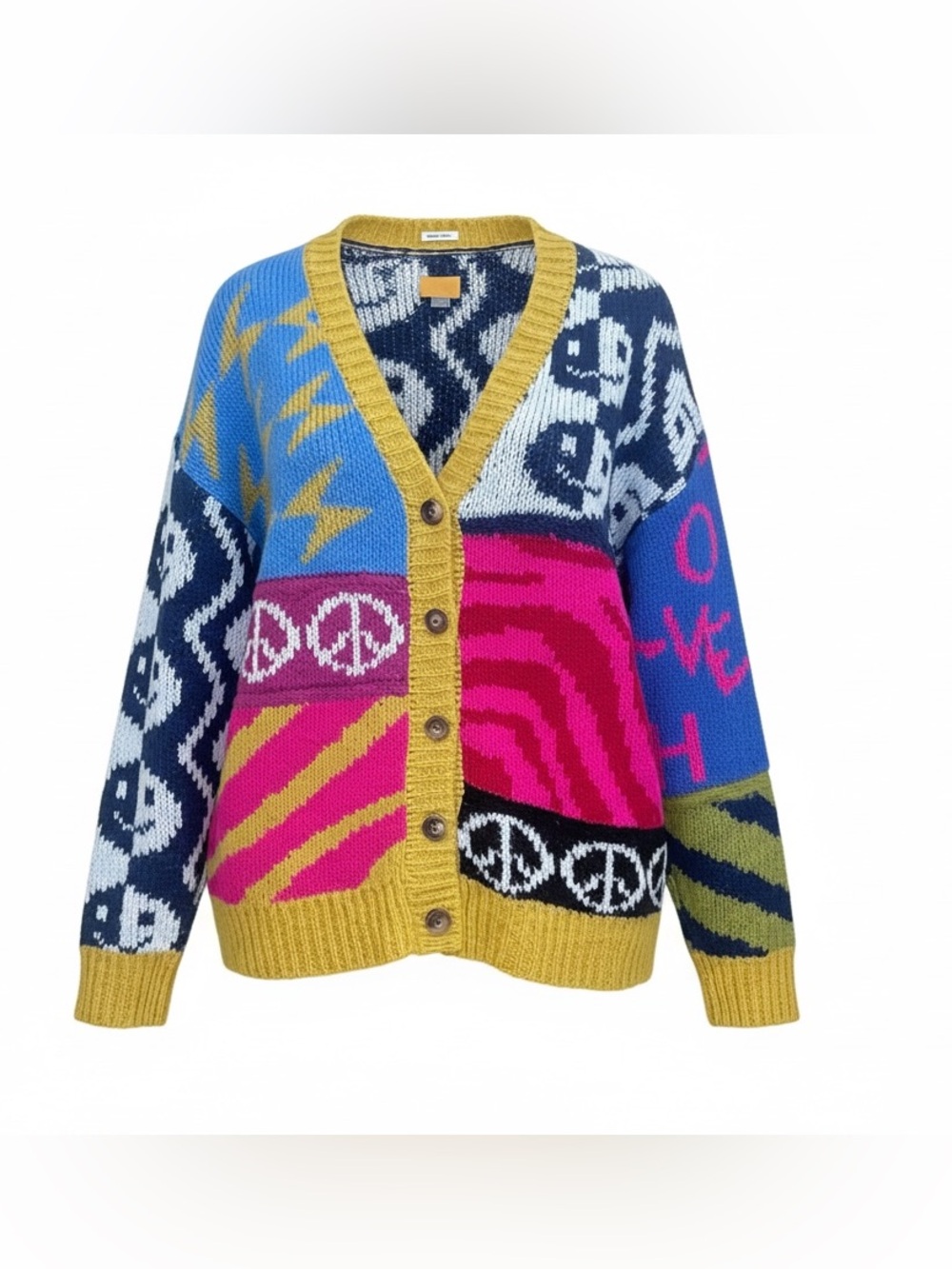MOTHER The Long Drop Cardigan Happy and Sad Alpaca Blend Patterned Sweater M